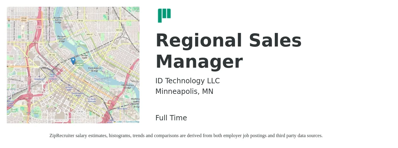 ID Technology LLC job posting for a Regional Sales Manager in Minneapolis, MN with a salary of $75,200 to $117,400 Yearly with a map of Minneapolis location.