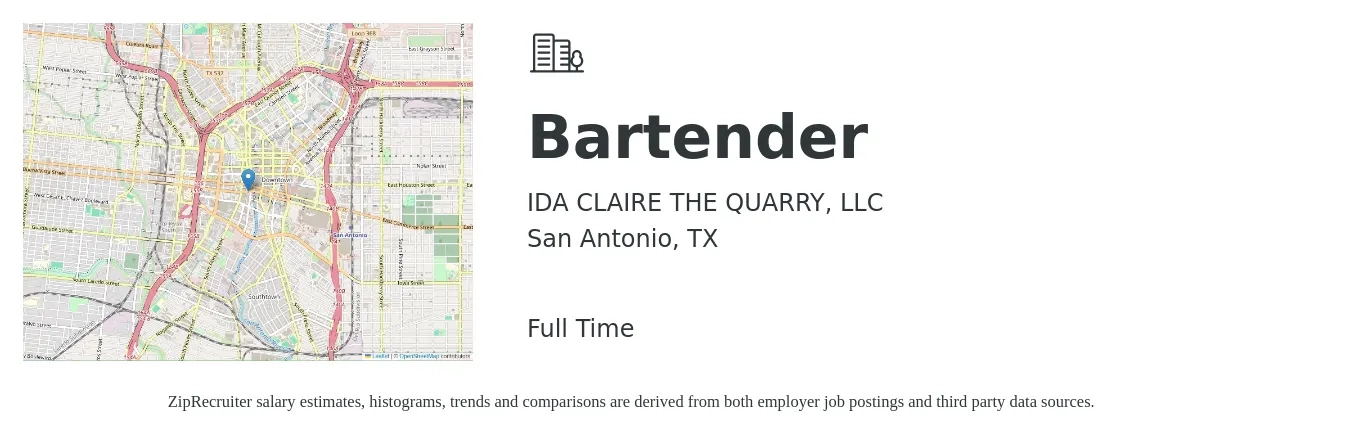 IDA CLAIRE THE QUARRY, LLC job posting for a Bartender in San Antonio, TX with a salary of $9 to $17 Hourly with a map of San Antonio location.