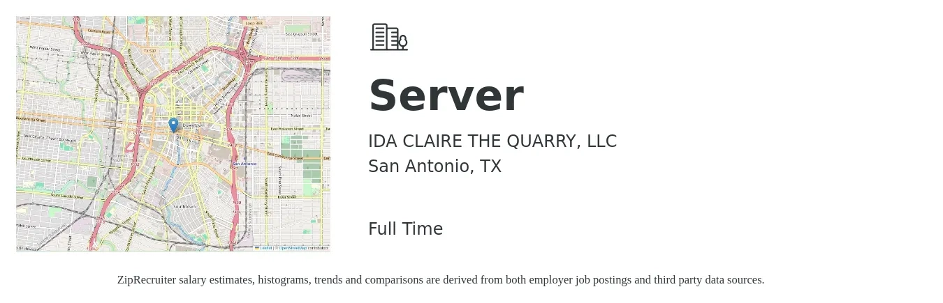 IDA CLAIRE THE QUARRY, LLC job posting for a Server in San Antonio, TX with a salary of $10 to $16 Hourly with a map of San Antonio location.