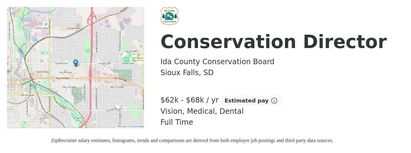 Ida County Conservation Board job posting for a Conservation Director in Sioux Falls, SD with a salary of $62,000 to $68,000 Yearly and benefits including pto, retirement, vision, dental, life_insurance, and medical with a map of Sioux Falls location.