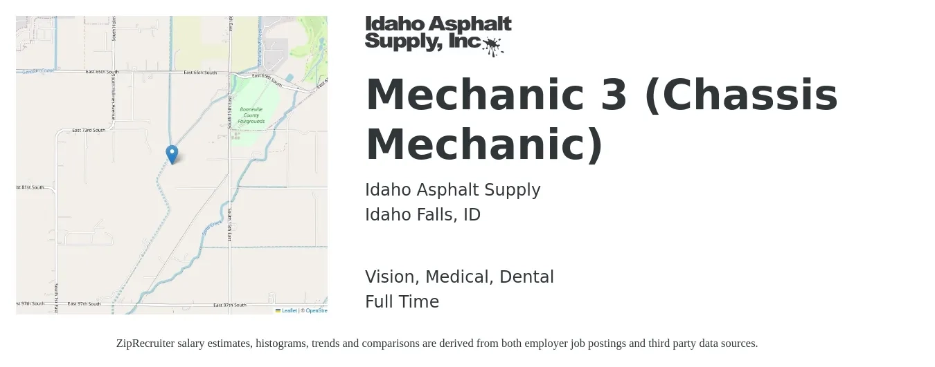 Idaho Asphalt Supply job posting for a Mechanic 3 (Chassis Mechanic) in Idaho Falls, ID with a salary of $21 to $26 Hourly and benefits including life_insurance, medical, pto, retirement, vision, and dental with a map of Idaho Falls location.
