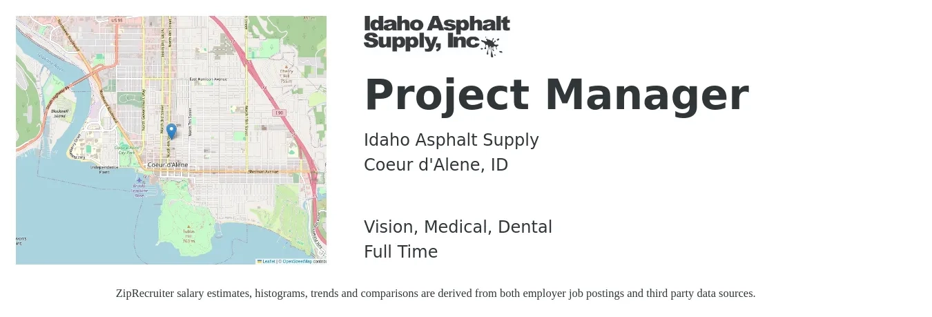 Idaho Asphalt Supply job posting for a Project Manager in Coeur d'Alene, ID with a salary of $76,700 to $120,100 Yearly and benefits including vision, dental, life_insurance, medical, pto, and retirement with a map of Coeur d'Alene location.