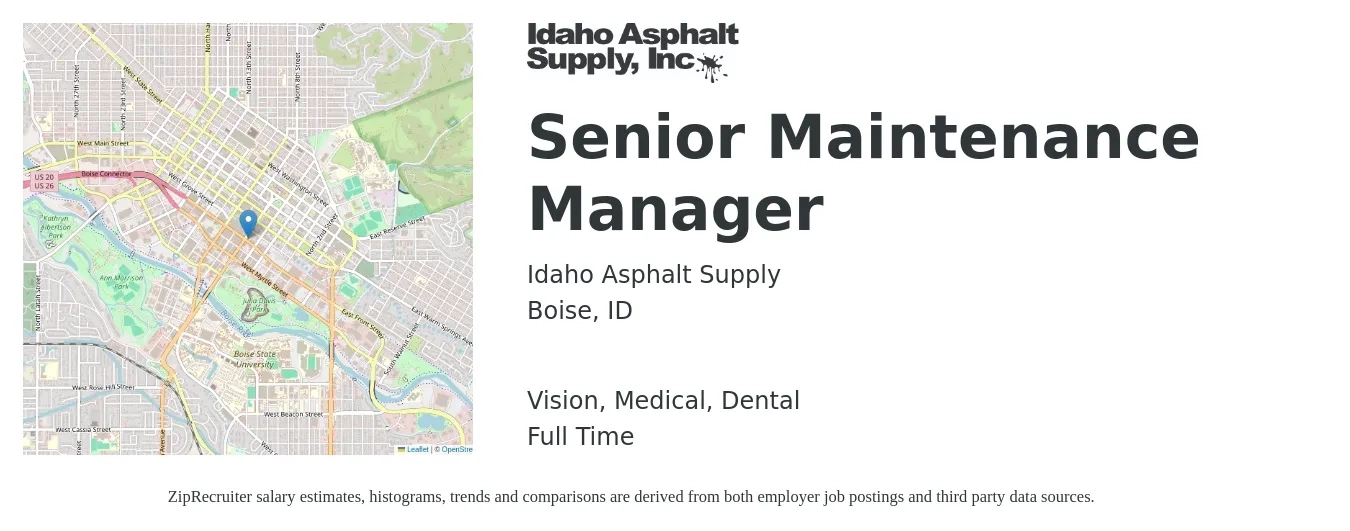 Idaho Asphalt Supply job posting for a Senior Maintenance Manager in Boise, ID with a salary of $48,100 to $76,600 Yearly and benefits including dental, life_insurance, medical, pto, retirement, and vision with a map of Boise location.