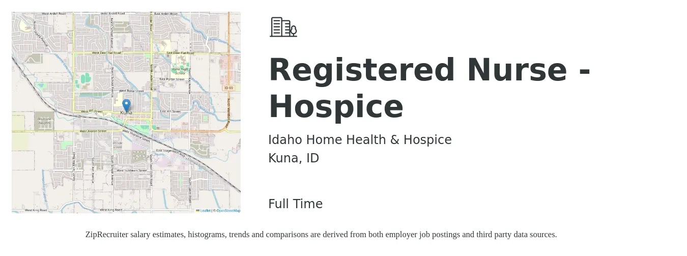 Idaho Home Health & Hospice job posting for a Registered Nurse - Hospice in Kuna, ID with a salary of $60,000 Yearly with a map of Kuna location.