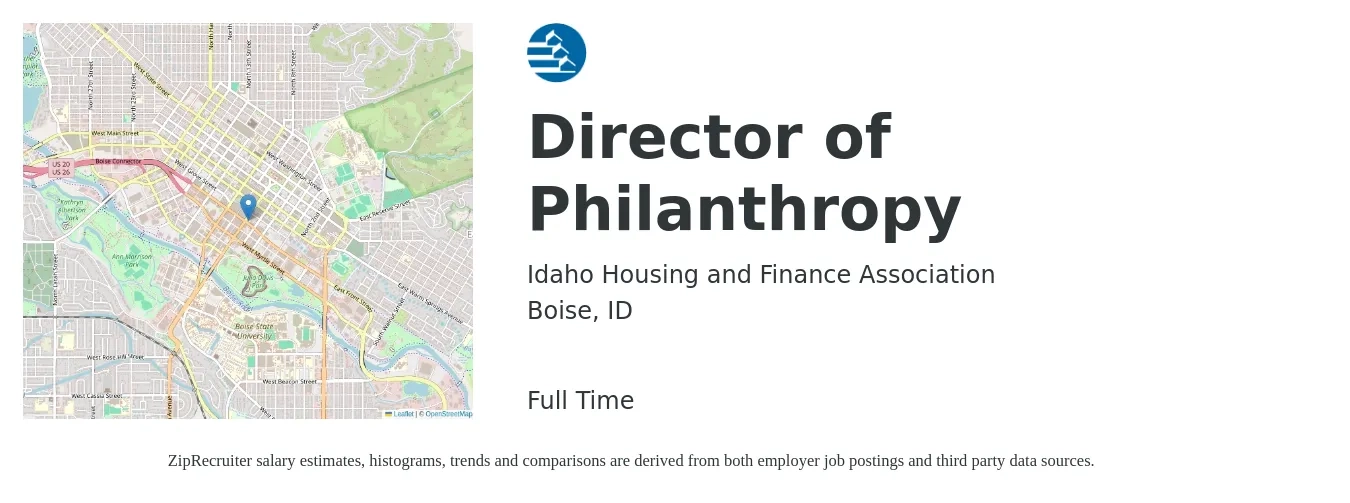 Idaho Housing and Finance Association job posting for a Director of Philanthropy in Boise, ID with a salary of $83,900 to $218,800 Yearly with a map of Boise location.