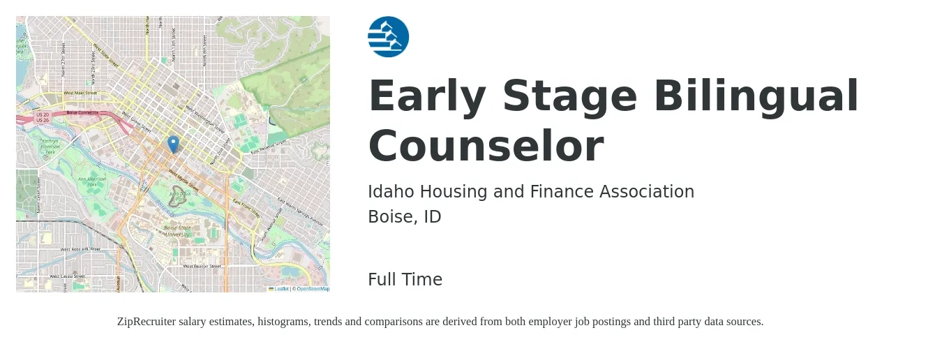 Idaho Housing and Finance Association job posting for a Early Stage Bilingual Counselor in Boise, ID with a salary of $14 to $23 Hourly with a map of Boise location.