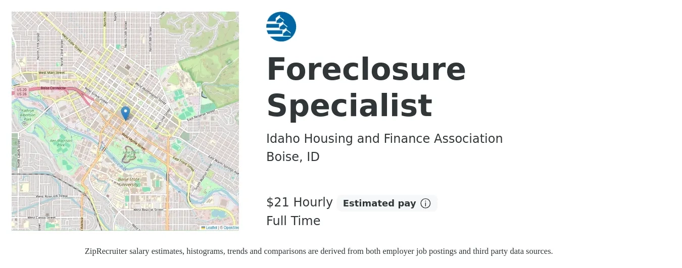 Idaho Housing and Finance Association job posting for a Foreclosure Specialist in Boise, ID with a salary of $34,600 to $63,600 Yearly with a map of Boise location.