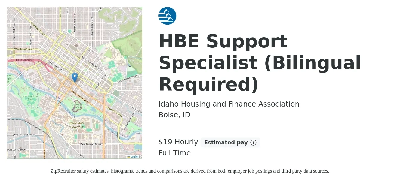 Idaho Housing and Finance Association job posting for a HBE Support Specialist (Bilingual Required) in Boise, ID with a salary of $20 Hourly with a map of Boise location.