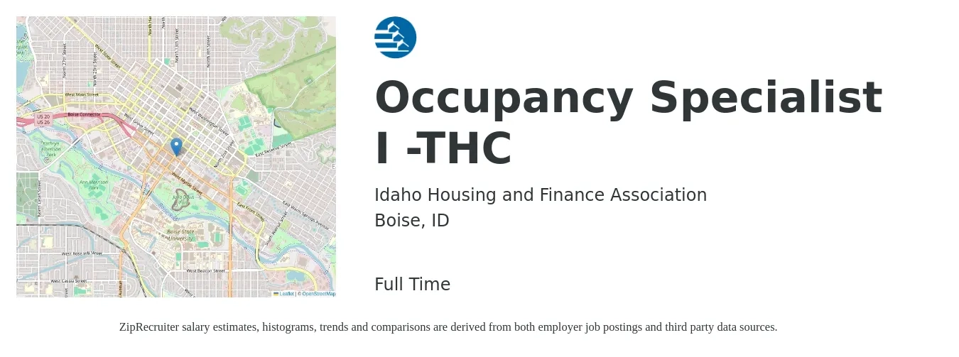 Idaho Housing and Finance Association job posting for a Occupancy Specialist I -THC in Boise, ID with a salary of $18 to $22 Hourly with a map of Boise location.
