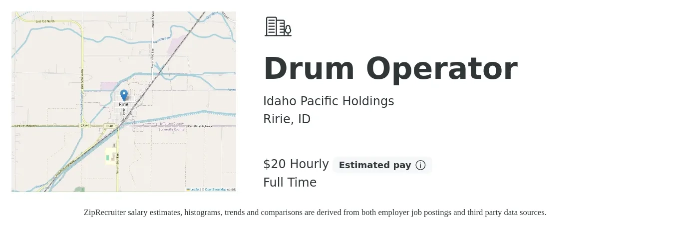 Idaho Pacific Holdings job posting for a Drum Operator in Ririe, ID with a salary of $21 Hourly with a map of Ririe location.