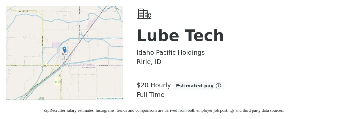 Idaho Pacific Holdings job posting for a Lube Tech in Ririe, ID with a salary of $21 Hourly with a map of Ririe location.