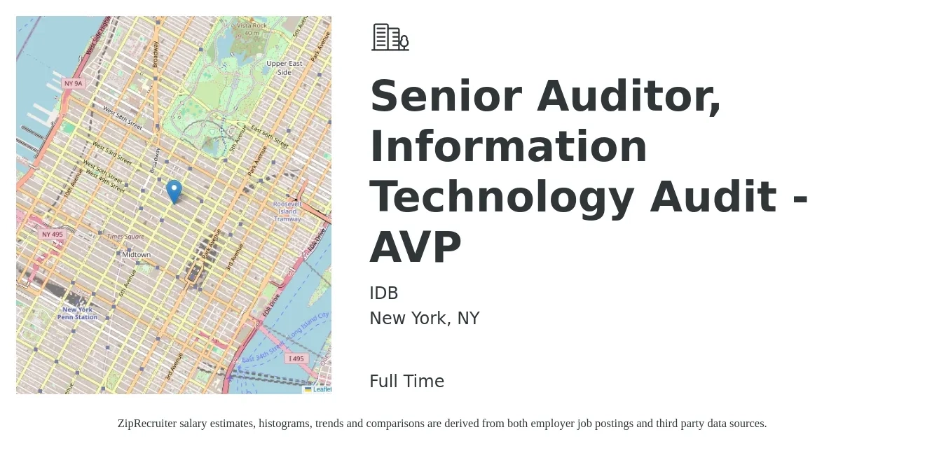 IDB job posting for a Senior Auditor, Information Technology Audit - AVP in New York, NY with a salary of $105,000 to $135,000 Yearly with a map of New York location.