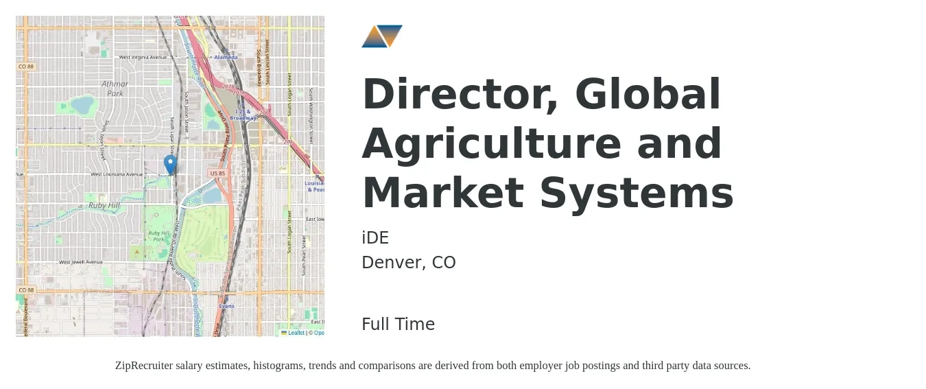iDE job posting for a Director, Global Agriculture and Market Systems in Denver, CO with a salary of $77,200 to $137,400 Yearly with a map of Denver location.