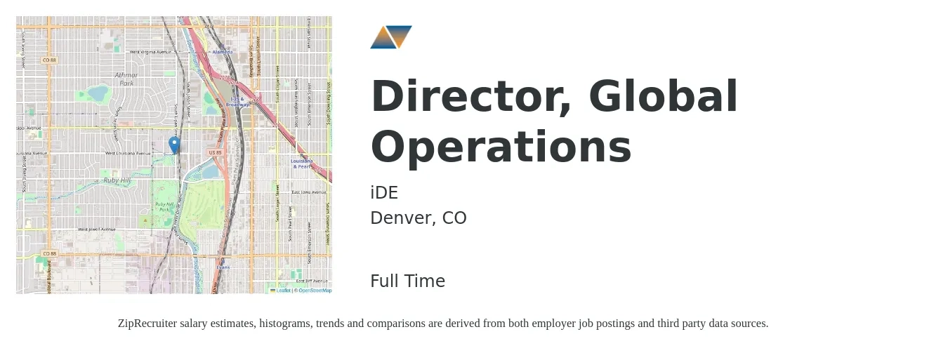 iDE job posting for a Director, Global Operations in Denver, CO with a salary of $77,700 to $139,500 Yearly with a map of Denver location.