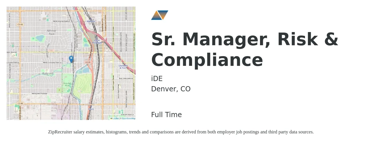 iDE job posting for a Sr. Manager, Risk & Compliance in Denver, CO with a salary of $87,000 to $149,200 Yearly with a map of Denver location.