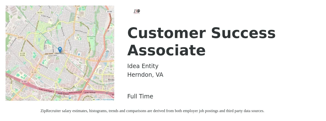 Idea Entity job posting for a Customer Success Associate in Herndon, VA with a salary of $39,100 to $67,400 Yearly with a map of Herndon location.