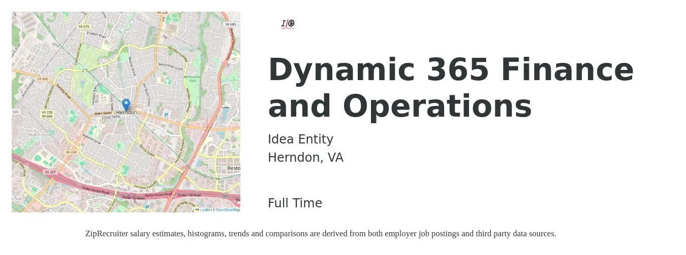 Idea Entity job posting for a Dynamic 365 Finance and Operations in Herndon, VA with a salary of $91,000 to $141,900 Yearly with a map of Herndon location.