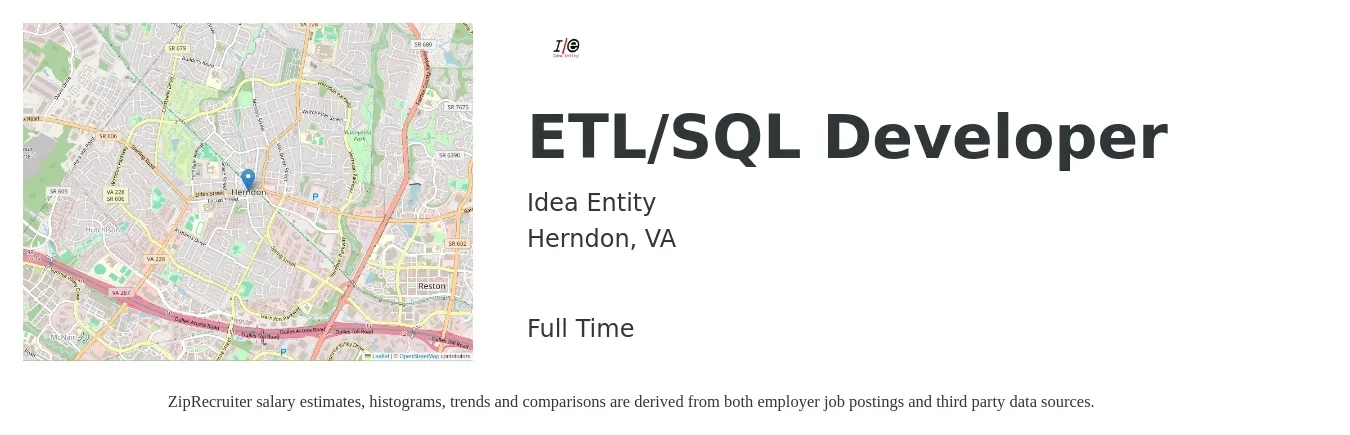 Idea Entity job posting for a ETL/SQL Developer in Herndon, VA with a salary of $50 to $72 Hourly with a map of Herndon location.