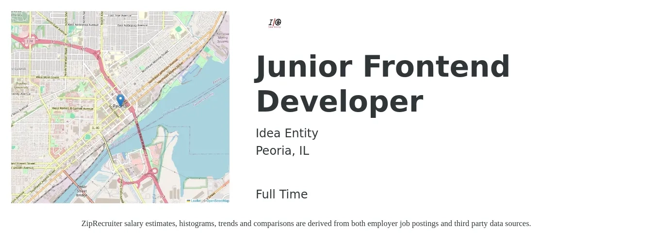 Idea Entity job posting for a Junior Frontend Developer in Peoria, IL with a salary of $65,700 to $85,400 Yearly with a map of Peoria location.