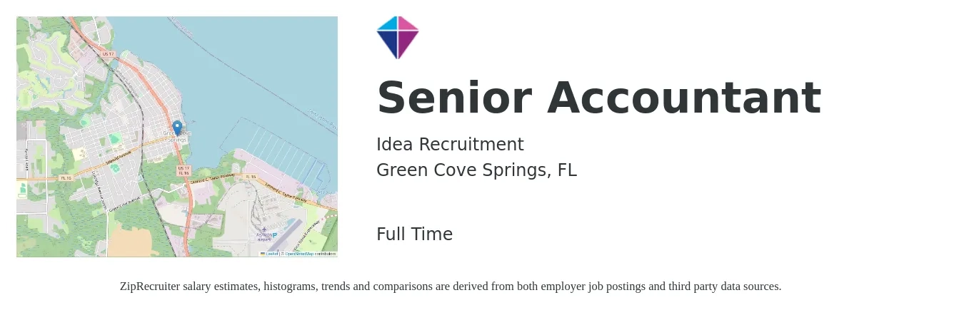 Idea Recruitment job posting for a Senior Accountant in Green Cove Springs, FL with a salary of $62,337 to $72,257 Yearly with a map of Green Cove Springs location.
