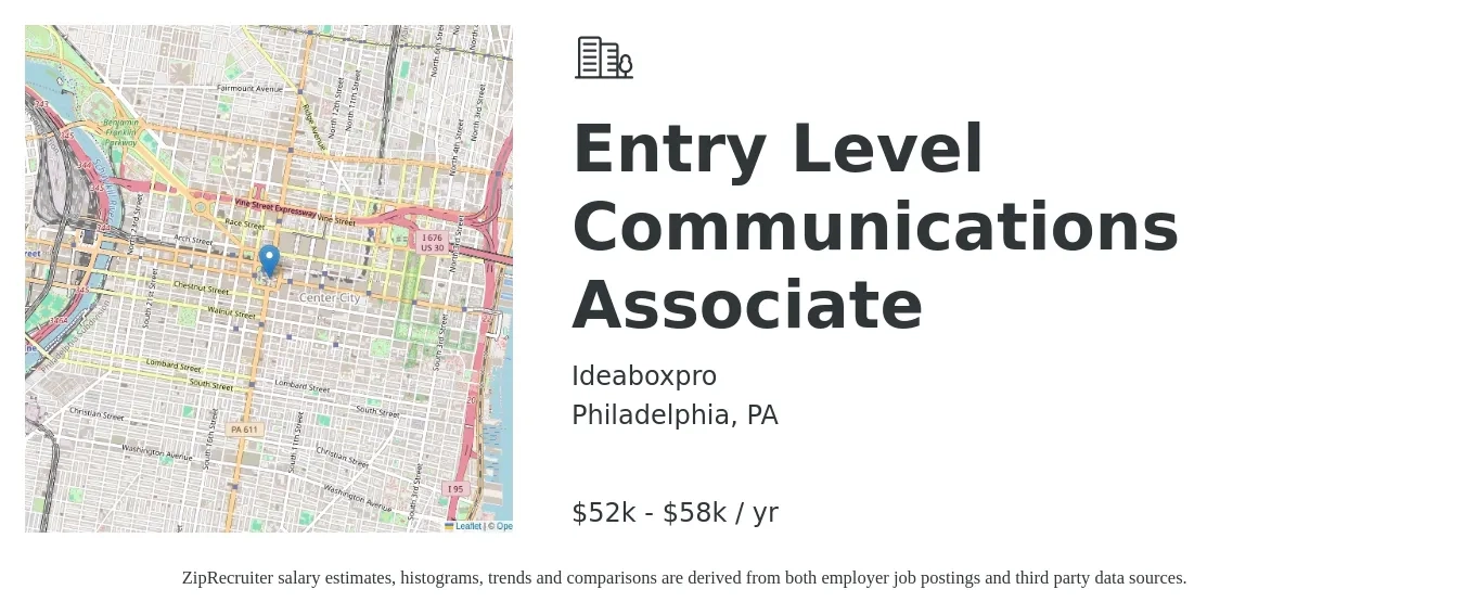 Ideaboxpro job posting for a Entry Level Communications Associate in Philadelphia, PA with a salary of $52,350 to $58,960 Yearly with a map of Philadelphia location.
