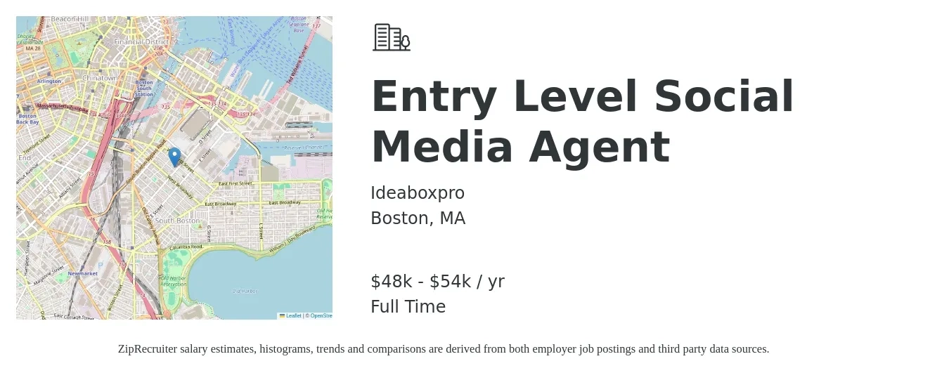 Ideaboxpro job posting for a Entry Level Social Media Agent in Boston, MA with a salary of $48,750 to $54,890 Yearly with a map of Boston location.