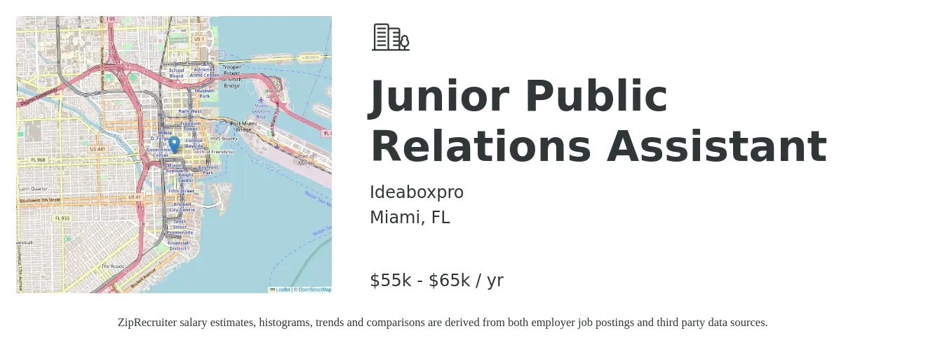 Ideaboxpro job posting for a Junior Public Relations Assistant in Miami, FL with a salary of $55,800 to $65,000 Yearly with a map of Miami location.