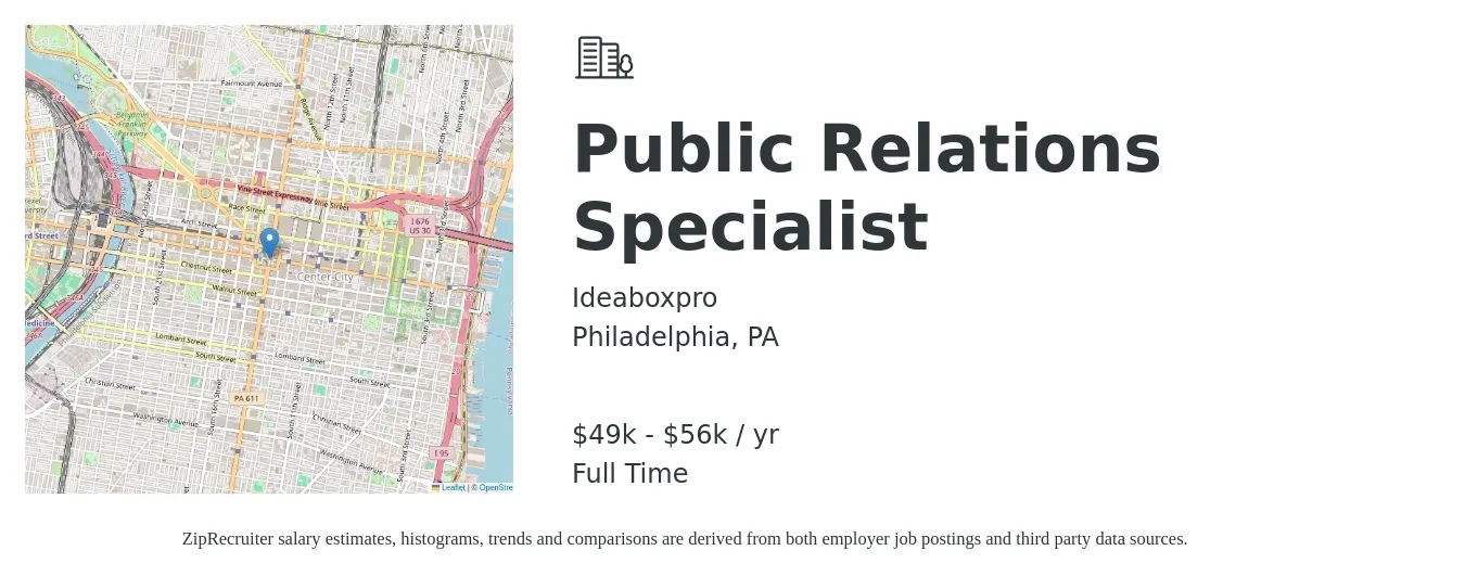 Ideaboxpro job posting for a Public Relations Specialist in Philadelphia, PA with a salary of $49,870 to $56,450 Yearly with a map of Philadelphia location.