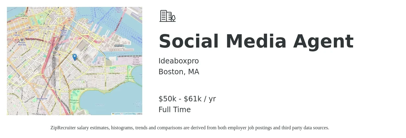 Ideaboxpro job posting for a Social Media Agent in Boston, MA with a salary of $50,000 to $61,000 Yearly with a map of Boston location.