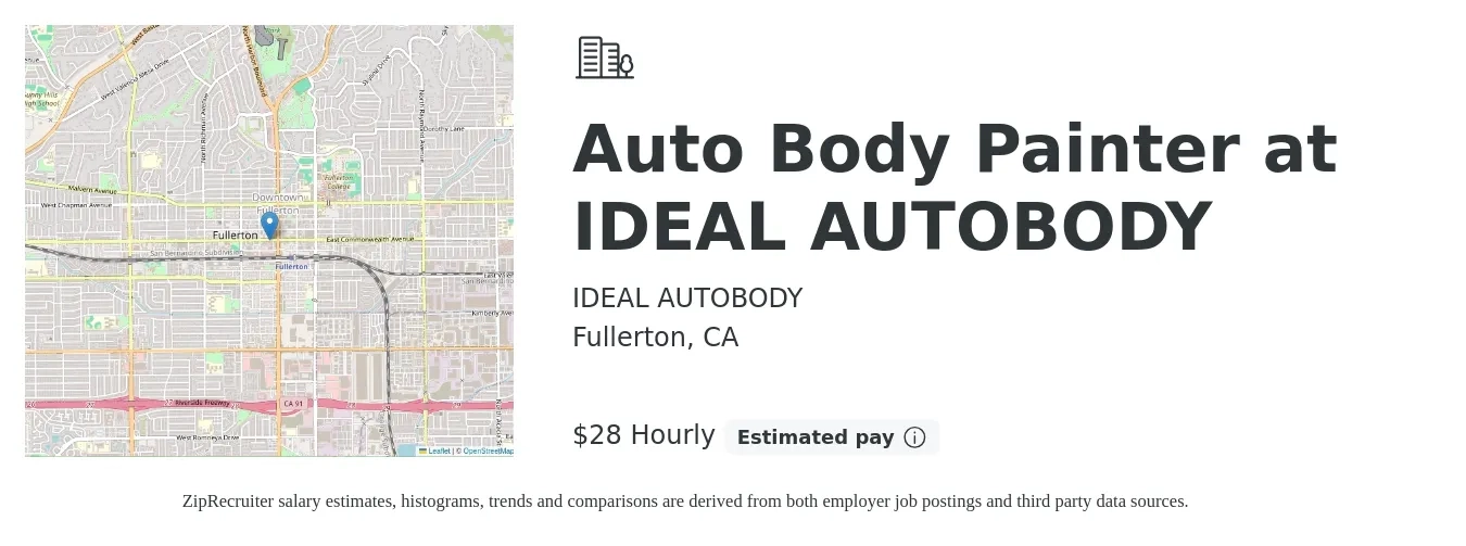 IDEAL AUTOBODY job posting for a Auto Body Painter at IDEAL AUTOBODY in Fullerton, CA with a salary of $30 Hourly with a map of Fullerton location.