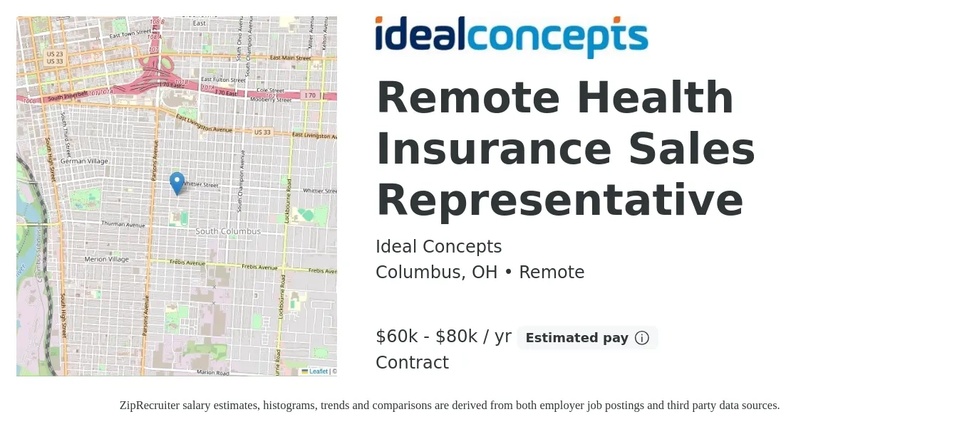 Ideal Concepts job posting for a Remote Health Insurance Sales Representative in Columbus, OH with a salary of $60,000 to $80,000 Yearly with a map of Columbus location.