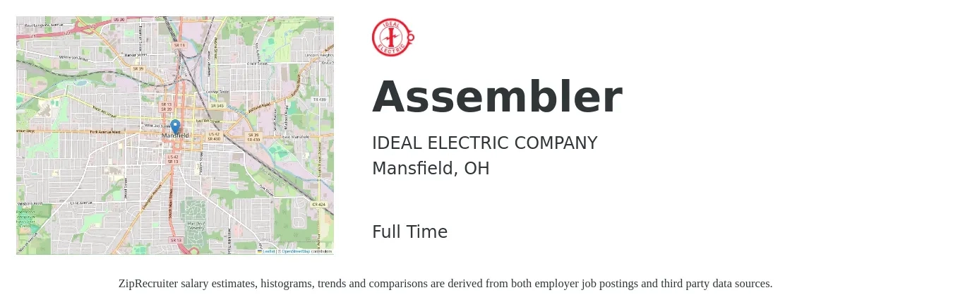 IDEAL ELECTRIC COMPANY job posting for a Assembler in Mansfield, OH with a salary of $16 to $21 Hourly with a map of Mansfield location.