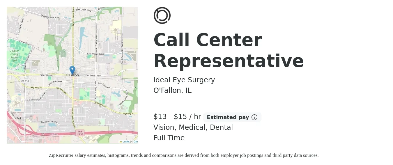 Ideal Eye Surgery job posting for a Call Center Representative in O'Fallon, IL with a salary of $14 to $16 Hourly and benefits including medical, pto, retirement, vision, dental, and life_insurance with a map of O'Fallon location.