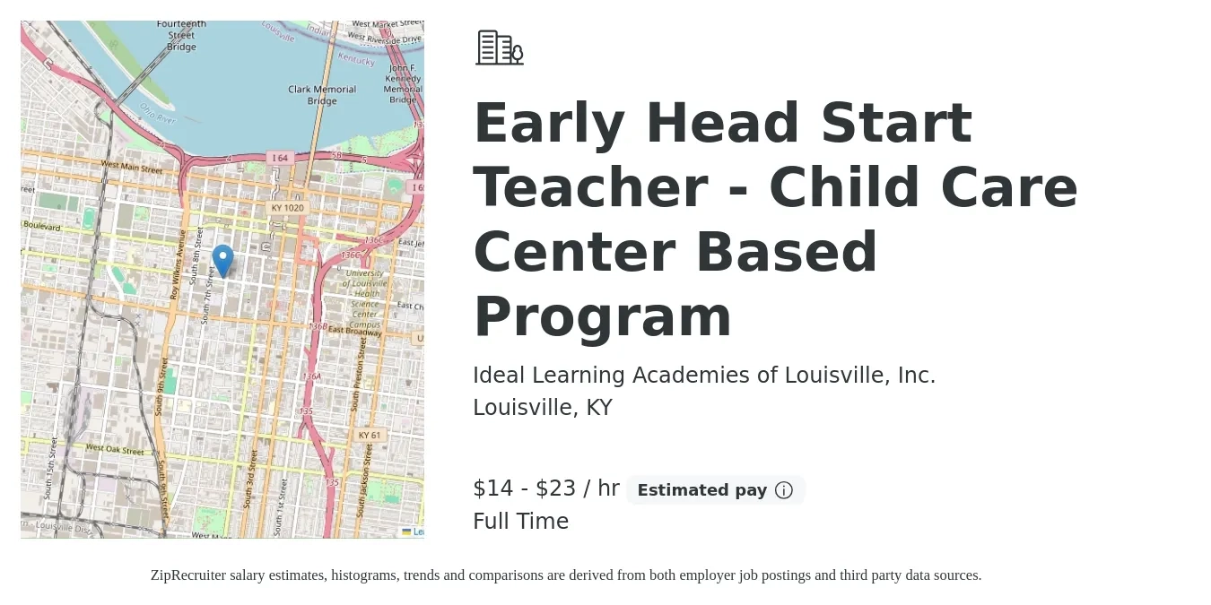 Ideal Learning Academies of Louisville, Inc. job posting for a Early Head Start Teacher - Child Care Center Based Program in Louisville, KY with a salary of $15 to $24 Hourly with a map of Louisville location.