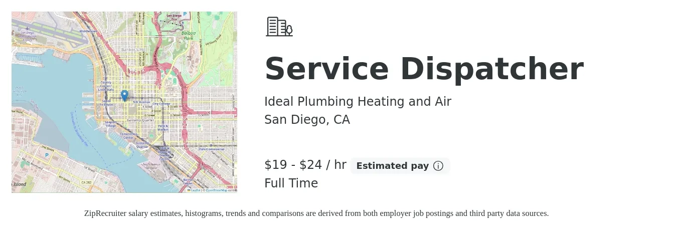Ideal Plumbing Heating and Air job posting for a Service Dispatcher in San Diego, CA with a salary of $20 to $25 Hourly with a map of San Diego location.