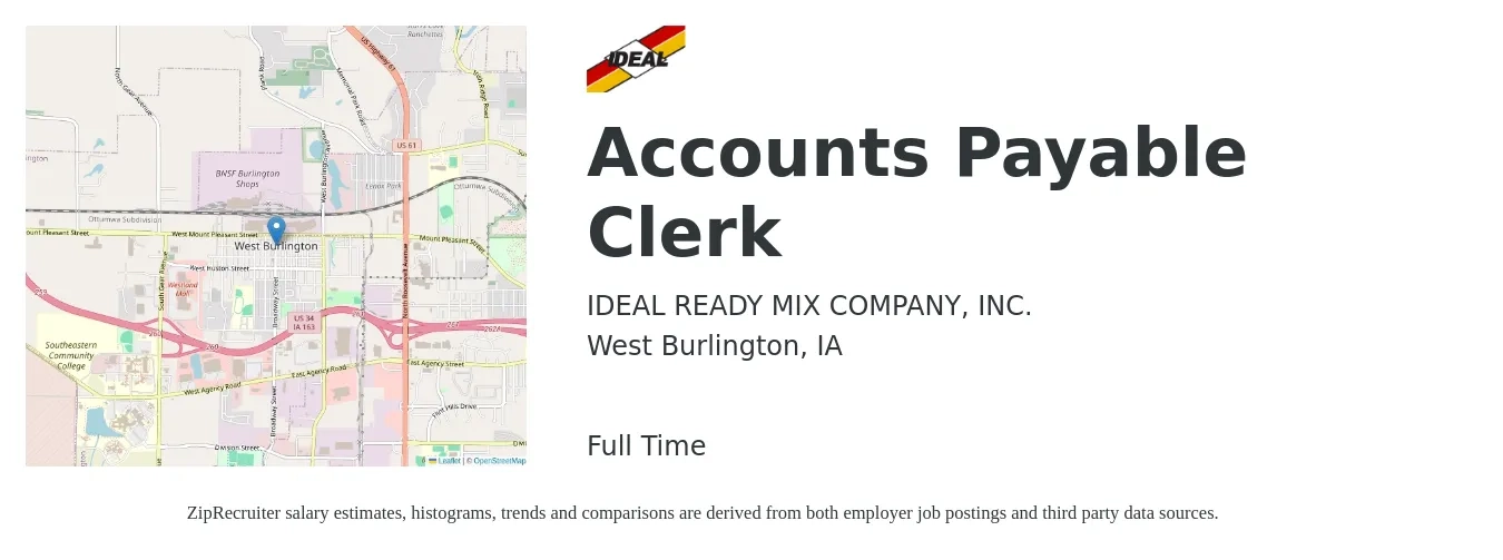 IDEAL READY MIX COMPANY, INC. job posting for a Accounts Payable Clerk in West Burlington, IA with a salary of $18 to $23 Hourly with a map of West Burlington location.