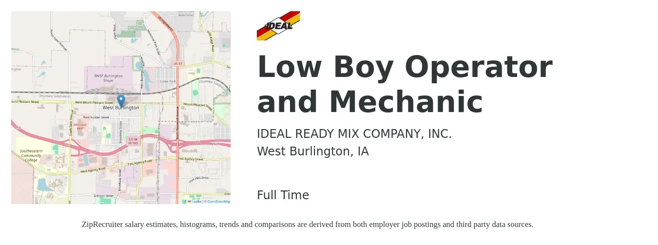 IDEAL READY MIX COMPANY, INC. job posting for a Low Boy Operator and Mechanic in West Burlington, IA with a salary of $18 to $28 Hourly with a map of West Burlington location.