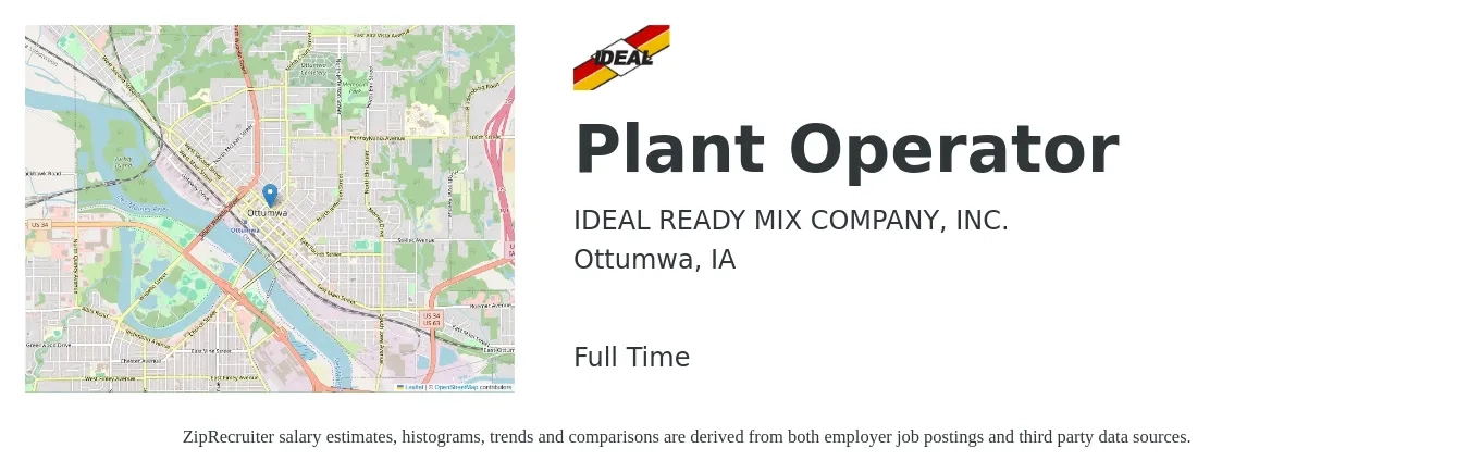 IDEAL READY MIX COMPANY, INC. job posting for a Plant Operator in Ottumwa, IA with a salary of $16 to $25 Hourly with a map of Ottumwa location.