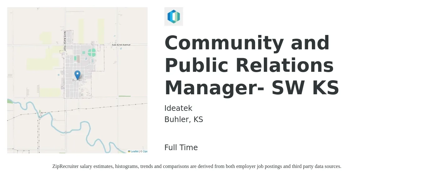 Ideatek job posting for a Community and Public Relations Manager- SW KS in Buhler, KS with a salary of $119,700 Yearly with a map of Buhler location.