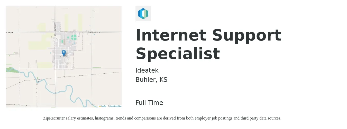 Ideatek job posting for a Internet Support Specialist in Buhler, KS with a salary of $16 to $26 Hourly with a map of Buhler location.