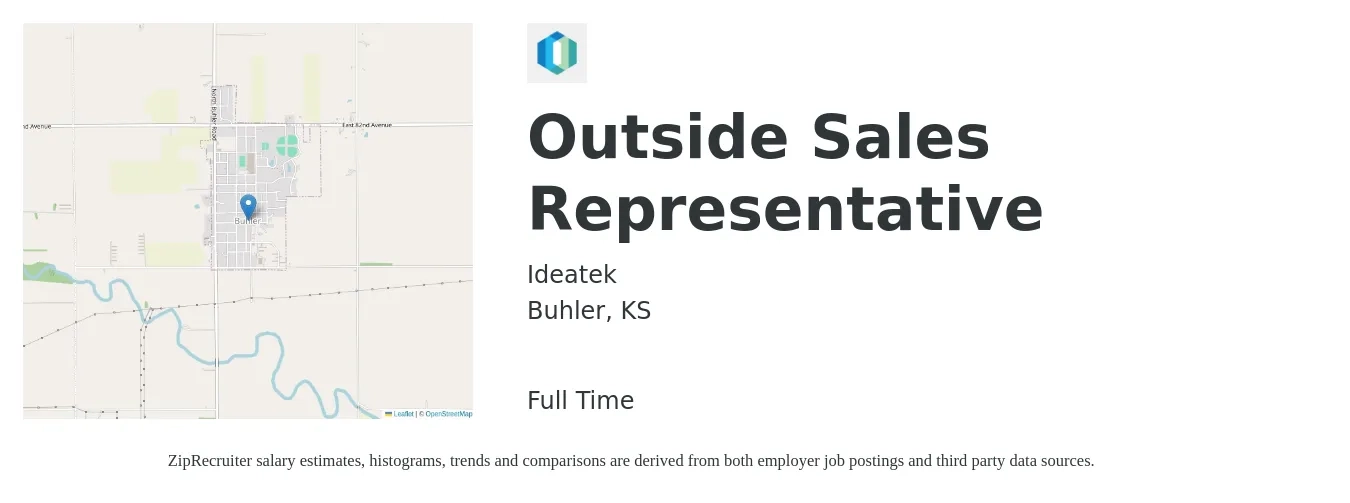 Ideatek job posting for a Outside Sales Representative in Buhler, KS with a salary of $45,500 to $78,000 Yearly with a map of Buhler location.