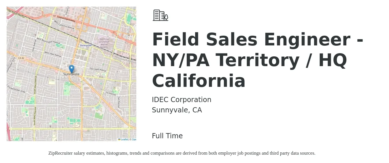 IDEC Corporation job posting for a Field Sales Engineer - NY/PA Territory / HQ California in Sunnyvale, CA with a salary of $87,100 to $136,000 Yearly with a map of Sunnyvale location.