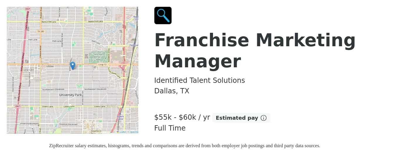 Identified Talent Solutions job posting for a Franchise Marketing Manager in Dallas, TX with a salary of $55,000 to $60,000 Yearly with a map of Dallas location.