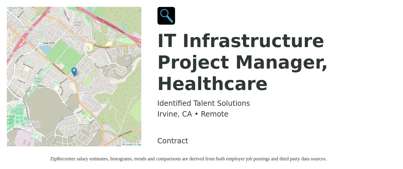 Identified Talent Solutions job posting for a IT Infrastructure Project Manager, Healthcare in Irvine, CA with a salary of $53 to $72 Hourly with a map of Irvine location.