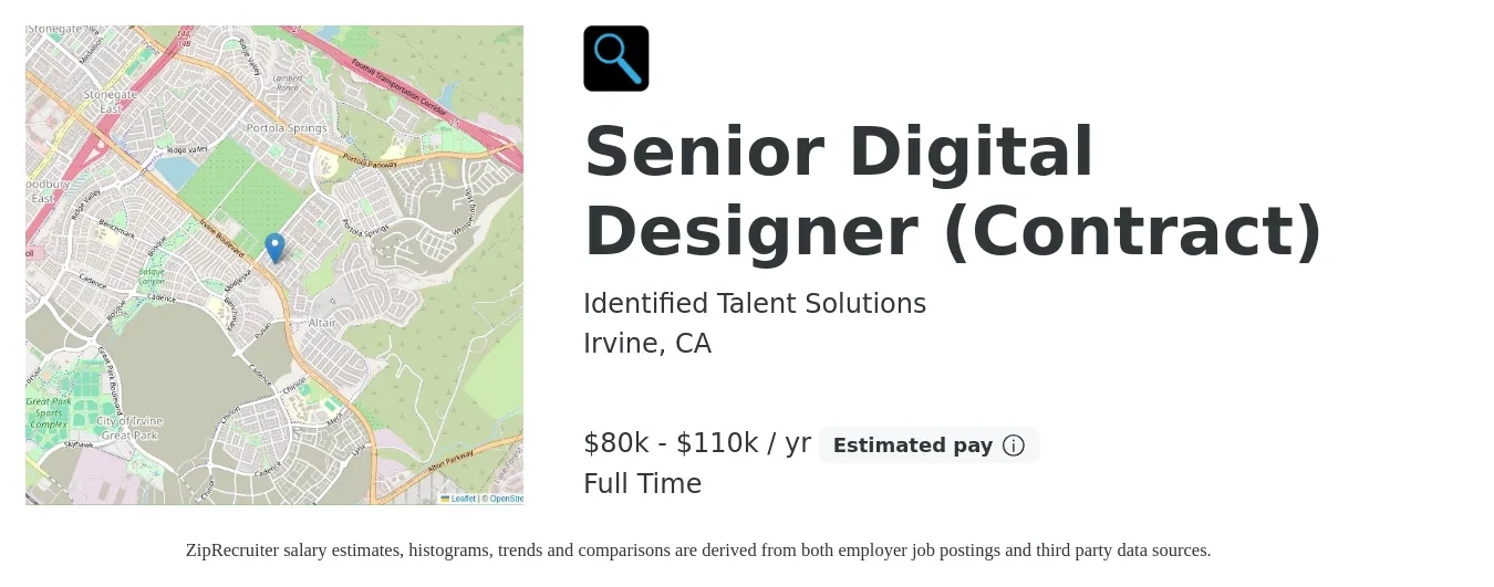 Identified Talent Solutions job posting for a Senior Digital Designer (Contract) in Irvine, CA with a salary of $80,000 to $110,000 Yearly with a map of Irvine location.