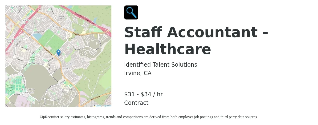 Identified Talent Solutions job posting for a Staff Accountant - Healthcare in Irvine, CA with a salary of $33 to $36 Hourly with a map of Irvine location.