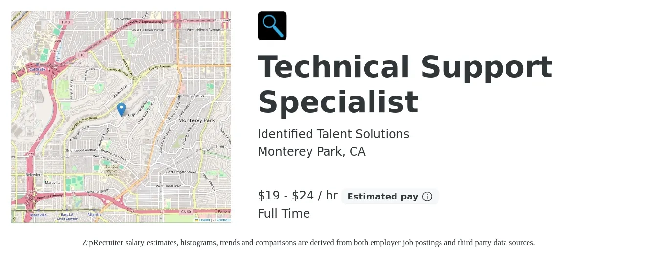 Identified Talent Solutions job posting for a Technical Support Specialist in Monterey Park, CA with a salary of $20 to $25 Hourly with a map of Monterey Park location.