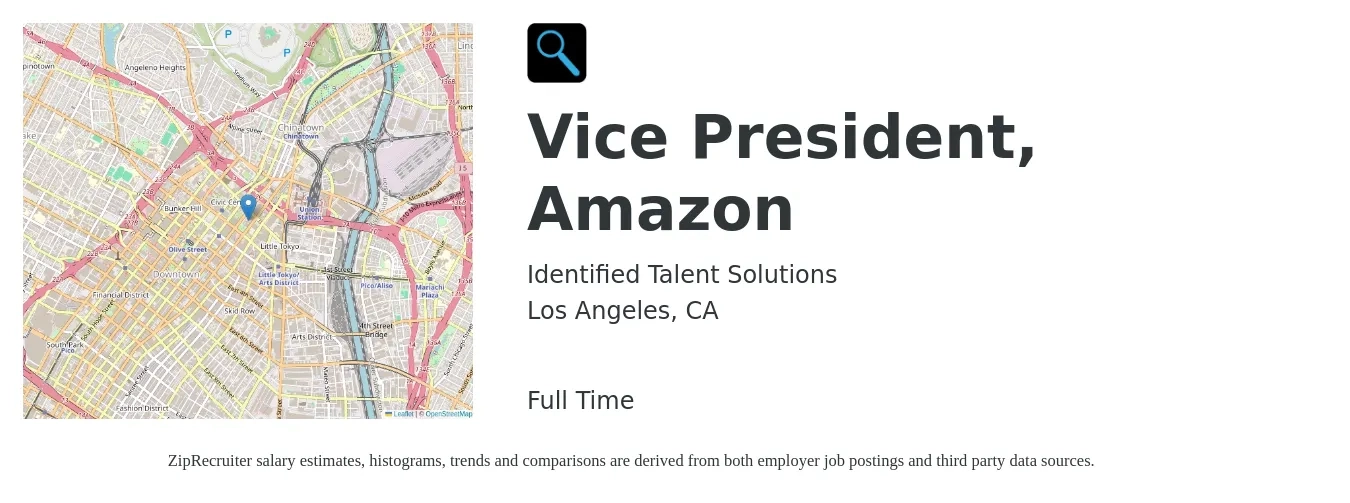 Identified Talent Solutions job posting for a Vice President, Amazon in Los Angeles, CA with a salary of $123,900 to $204,700 Yearly with a map of Los Angeles location.