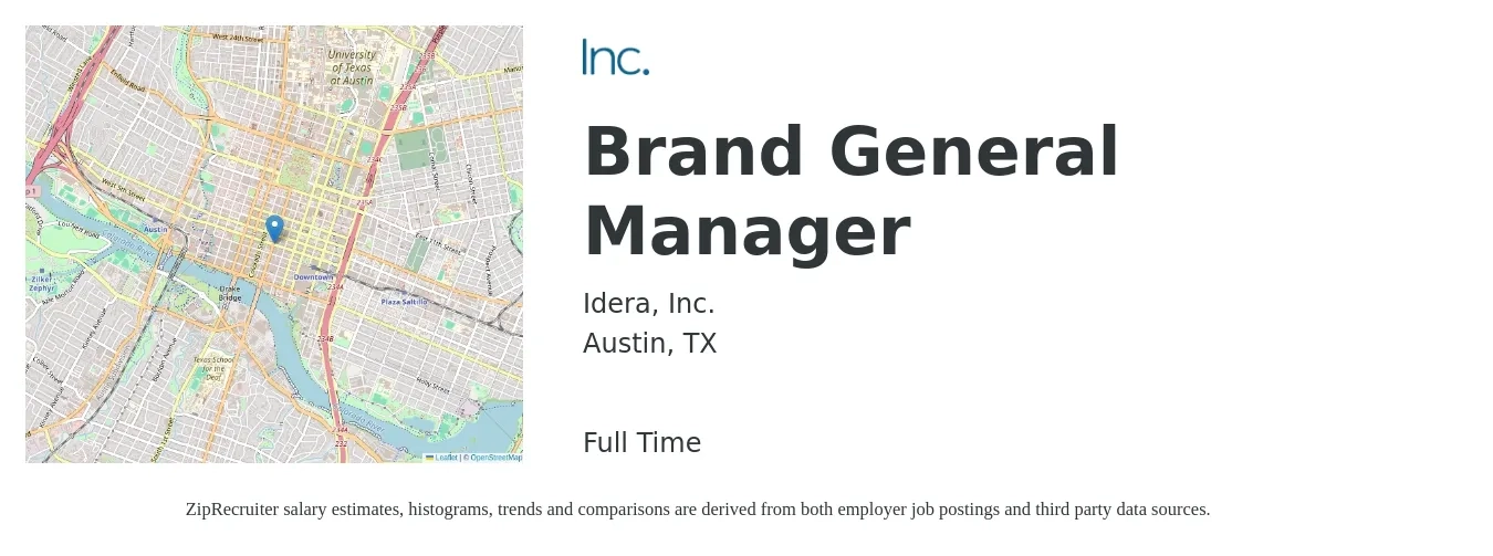 Idera, Inc. job posting for a Brand General Manager in Austin, TX with a salary of $49,100 to $73,300 Yearly with a map of Austin location.