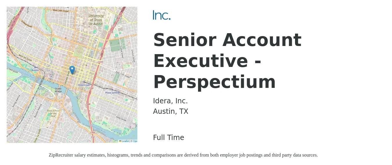 Idera, Inc. job posting for a Senior Account Executive - Perspectium in Austin, TX with a salary of $76,300 to $117,000 Yearly with a map of Austin location.